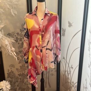 NY&COMPANY Soho Jeans Asymmetrical Paint Color Design Blouse, Medium, Pink